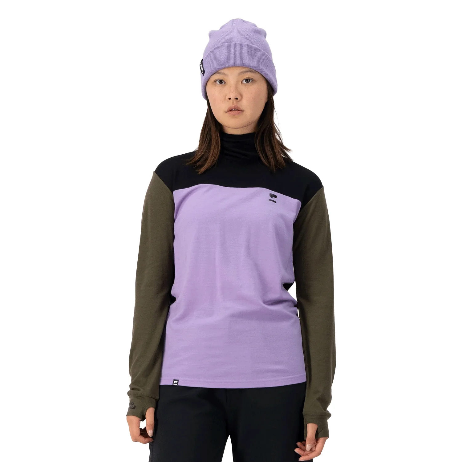 Mons Royale Women's Yotei BF High Neck Top 2025 Lupin/Dark Olive/Black - Image 2